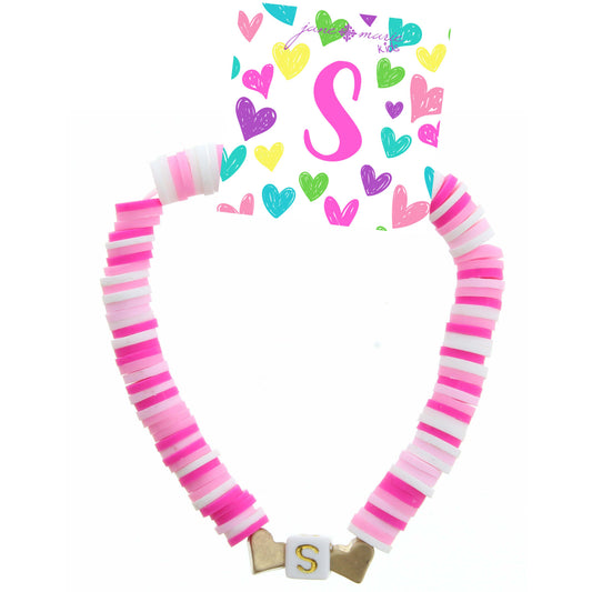Kids Multi Rubber Disk Beaded Stretch with White Block "S" Initial Bracelet