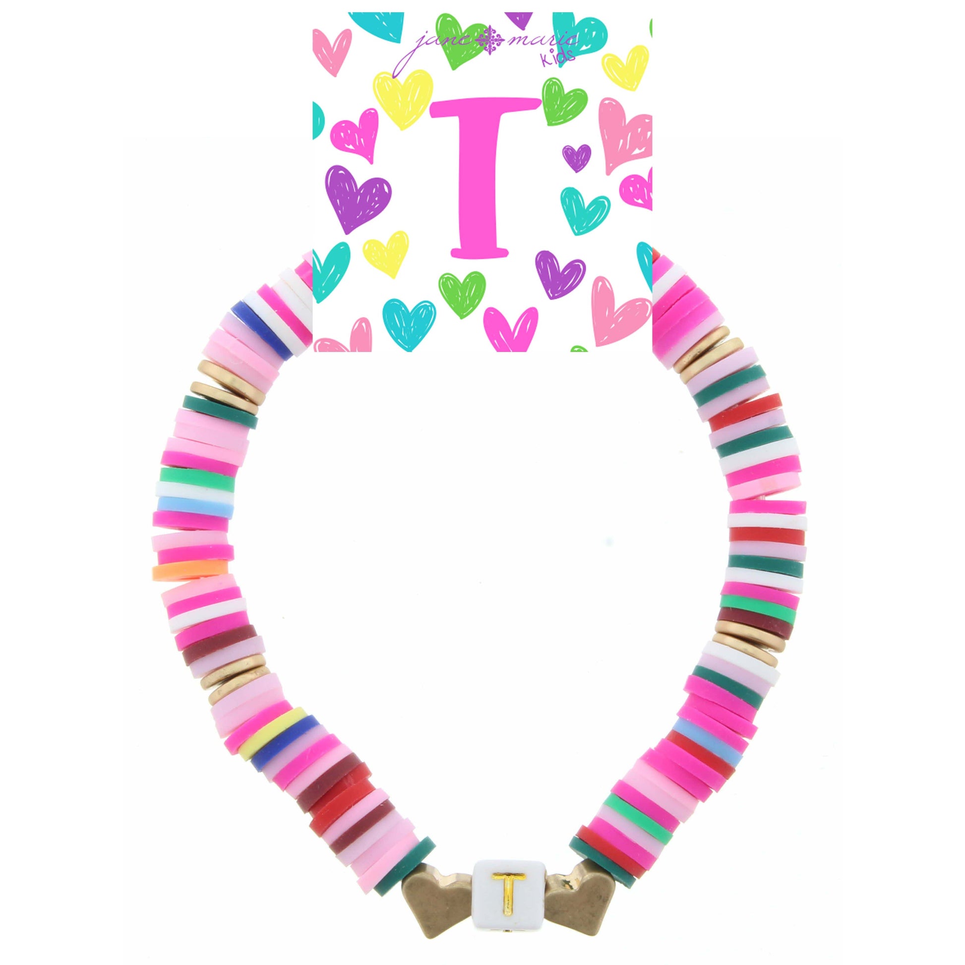 Kids Multi Rubber Disk Beaded Stretch with White Block "T" Initial Bracelet