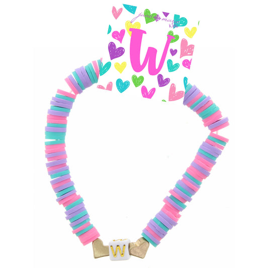 Kids Multi Rubber Disk Beaded Stretch with White Block "W" Initial Bracelet