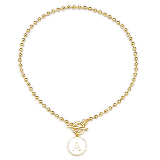White Epoxy "A" Initial on Bead Chain with Toggle Bracelet