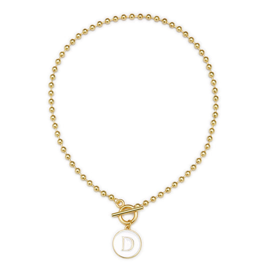 White Epoxy "D" Initial on Bead Chain with Toggle Bracelet