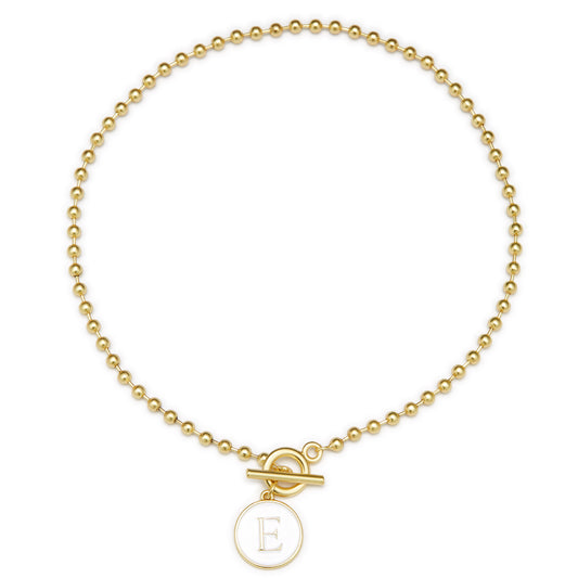 White Epoxy "E" Initial on Bead Chain with Toggle Bracelet