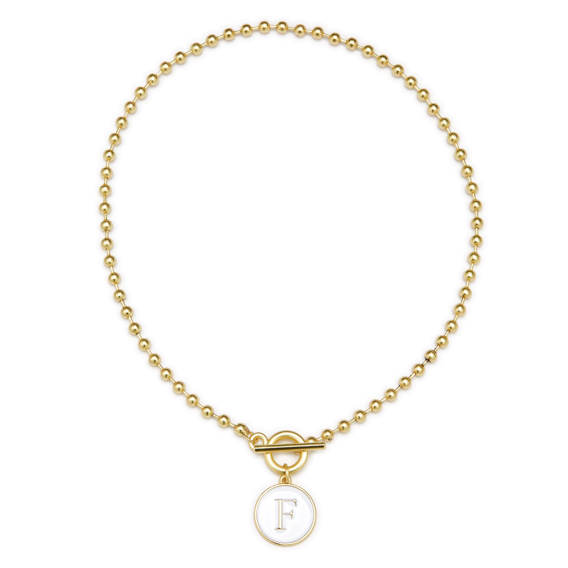 White Epoxy "F" Initial on Bead Chain with Toggle Bracelet