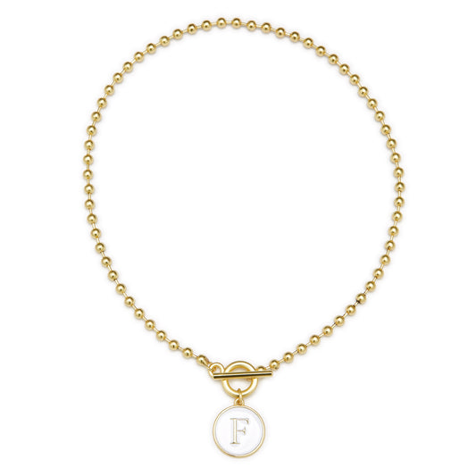White Epoxy "F" Initial on Bead Chain with Toggle Bracelet