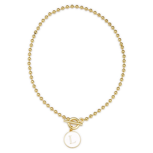 White Epoxy "L" Initial on Bead Chain with Toggle Bracelet