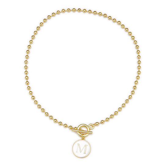 White Epoxy "M" Initial on Bead Chain with Toggle Bracelet
