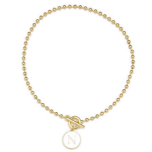 White Epoxy "N" Initial on Bead Chain with Toggle Bracelet