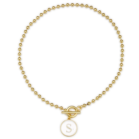 White Epoxy "S" Initial on Bead Chain with Toggle Bracelet