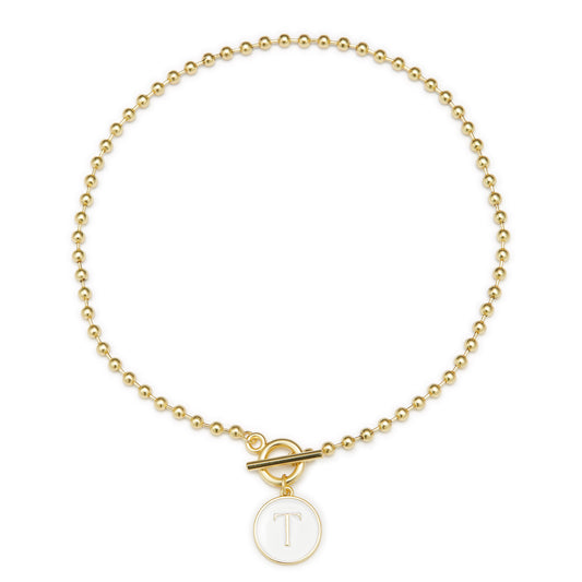 White Epoxy "T" Initial on Bead Chain with Toggle Bracelet
