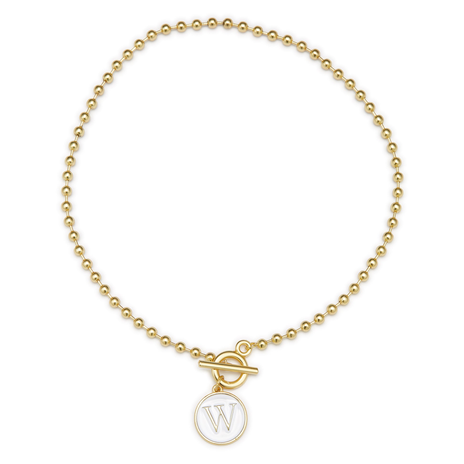 White Epoxy "W" Initial on Bead Chain with Toggle Bracelet