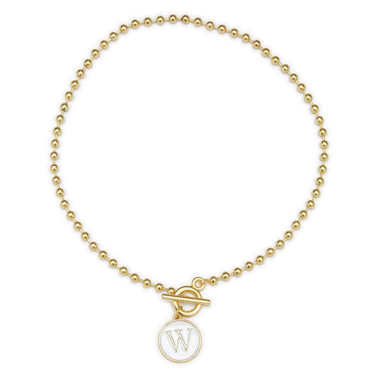 White Epoxy "W" Initial on Bead Chain with Toggle Bracelet
