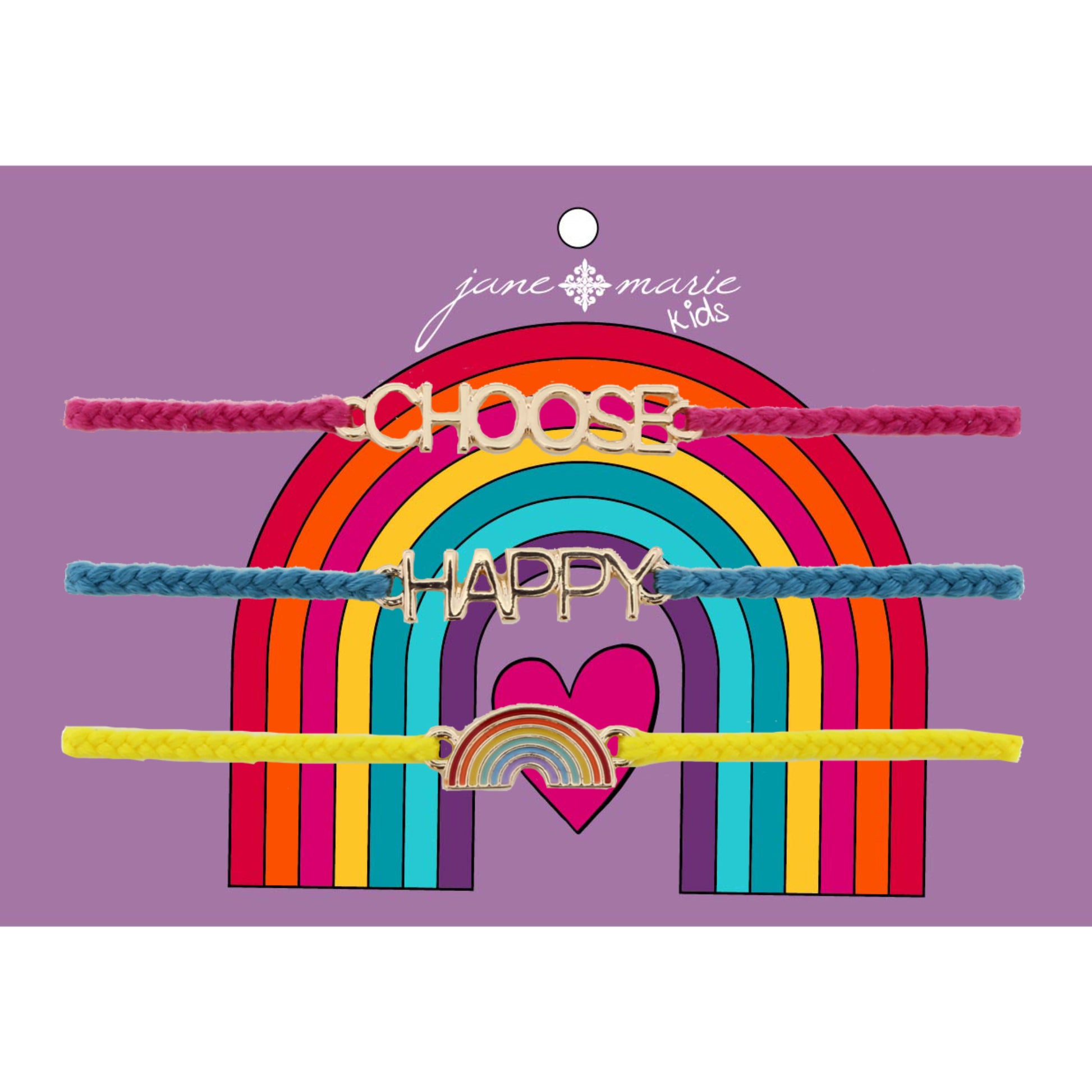 Kids Set of 3, Pink "Choose", Teal "Happy", Yellow Rainbow Bracelet