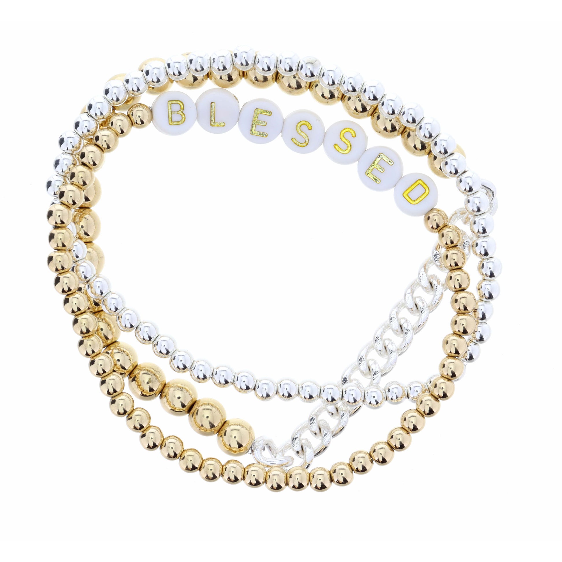 Set of 3, "Blessed" Two Tone Beaded Bracelet
