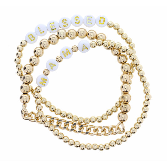 Set of 3, "Blessed Mama" Gold Beaded Bracelet