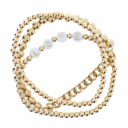 Set of 3, "Love" Gold Beaded Bracelet