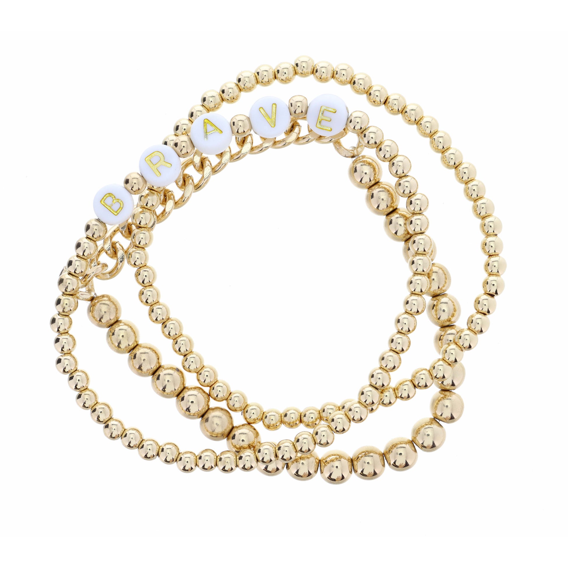 Set of 3, "Brave" Gold Beaded Bracelet