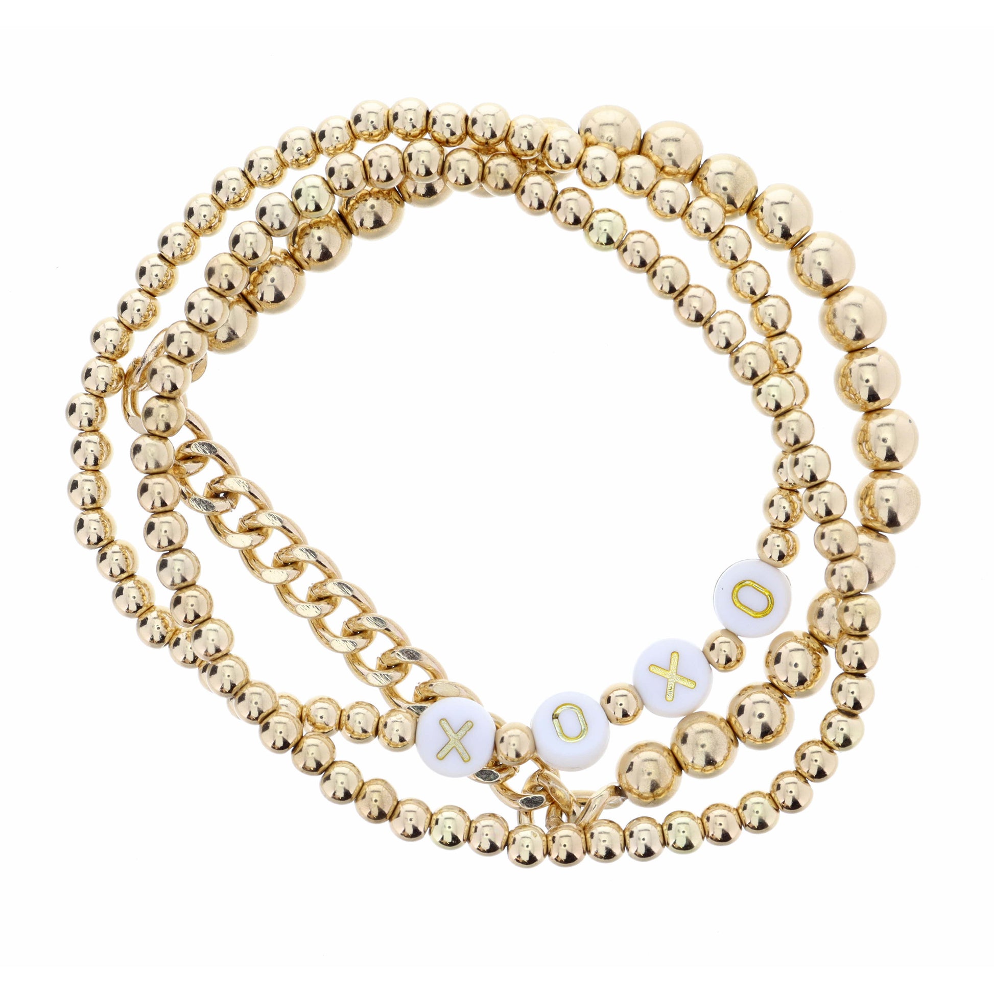 Set of 3, "XOXO" Gold Beaded Bracelet