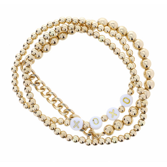 Set of 3, "XOXO" Gold Beaded Bracelet