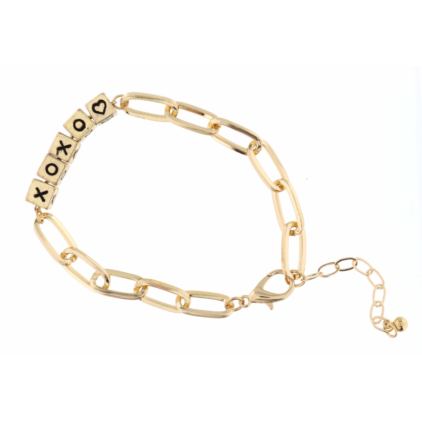 Gold "XOXO" Letterblocks Bracelet, 2" Ext.