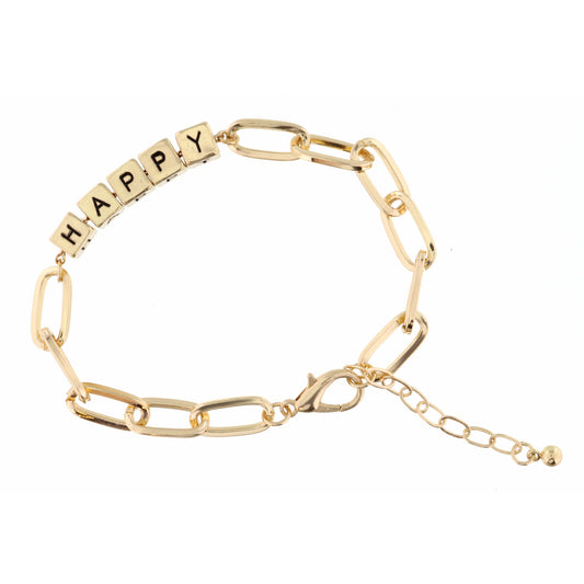 Gold "Happy" Letterblocks Bracelet, 2" Ext.