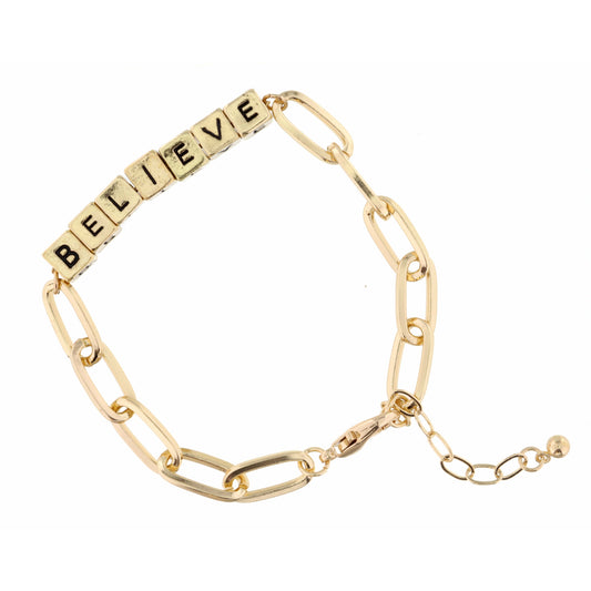 Gold "Believe" Letterblocks Bracelet, 2" Ext.
