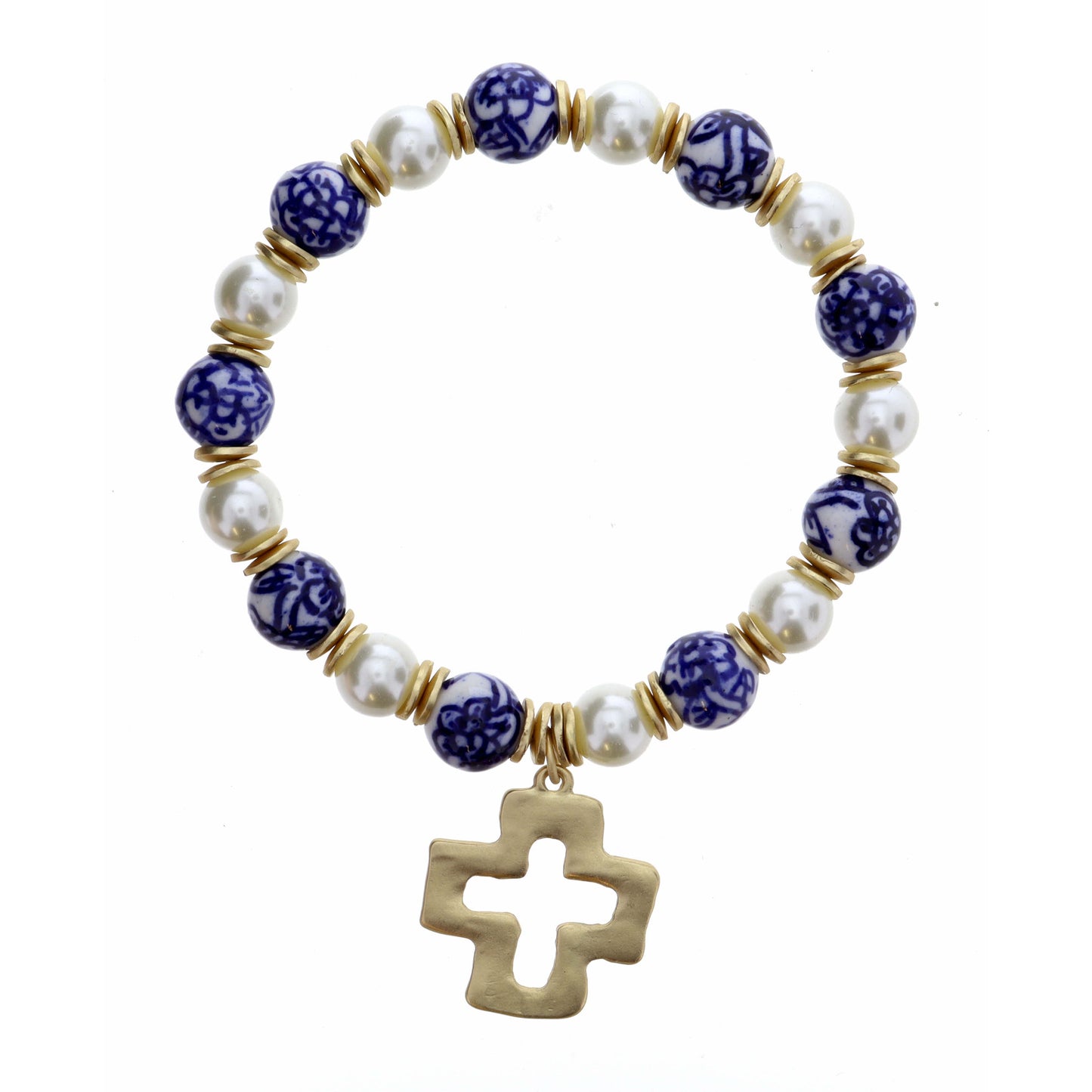 Open Square Cross on Pearl and Blue Porcelain Bracelet