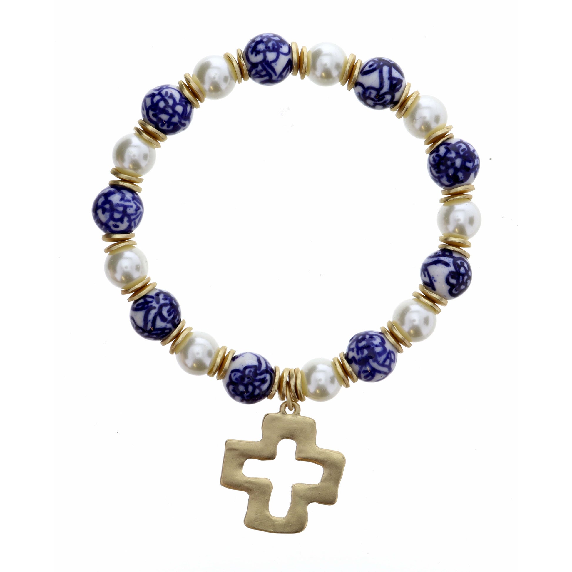 Open Square Cross on Pearl and Blue Porcelain Bracelet