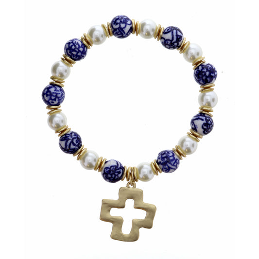 Open Square Cross on Pearl and Blue Porcelain Bracelet