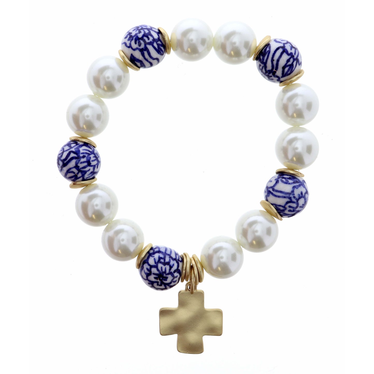 Square Cross on Pearl & Blue Porcelain Beaded Bracelet