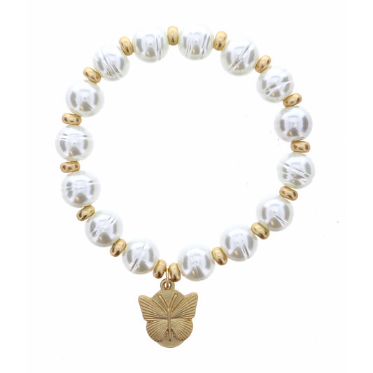 Gold Oval with Stamped Butterfly on Pearl Bracelet