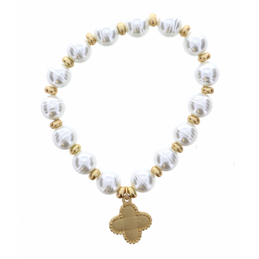 Gold Quatrefoil on Pearl Bracelet