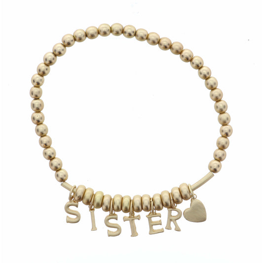 Gold Sister with Heart on Gold Beaded Bracelet
