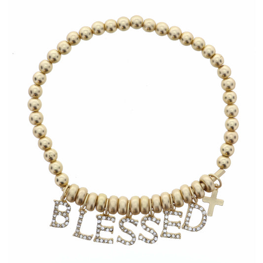 Clear Crystal Blessed with Gold Cross on Gold Beaded Bracelet