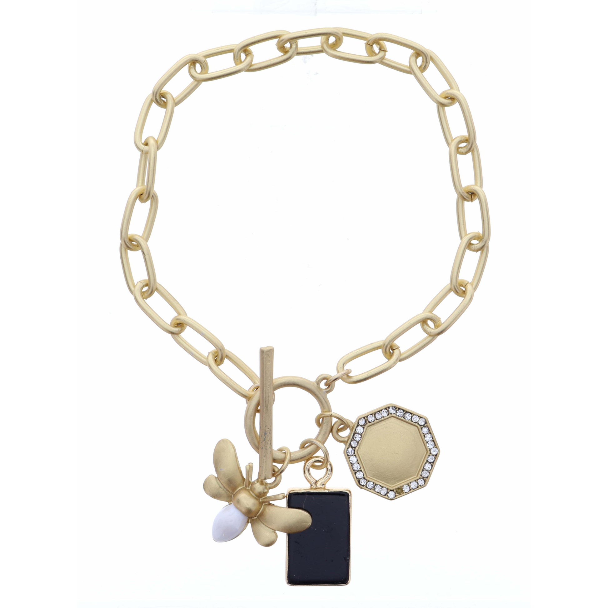 Jet Hexagon, White Bee, Gold Hexagon Bracelet