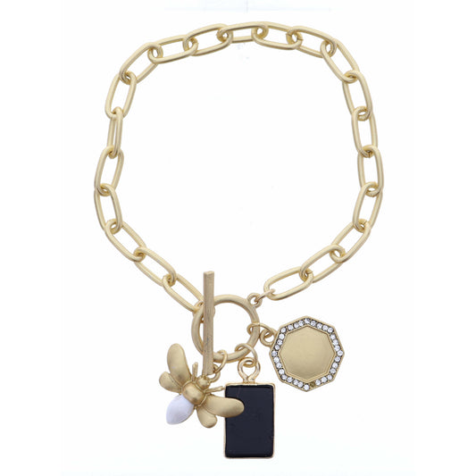 Jet Hexagon, White Bee, Gold Hexagon Bracelet