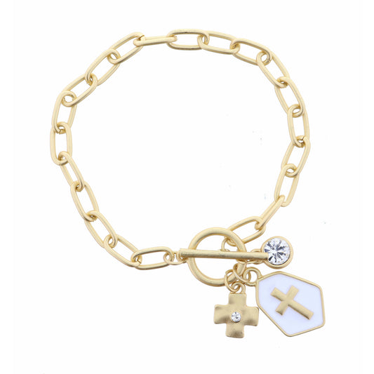 Gold Square Cross, White Hexagon with Cross, and Clear Encased Crystal Bracelet