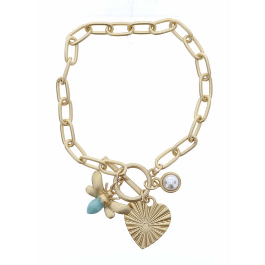 Mint Bee, Textured Heart, and Cabachon Pearl Bracelet