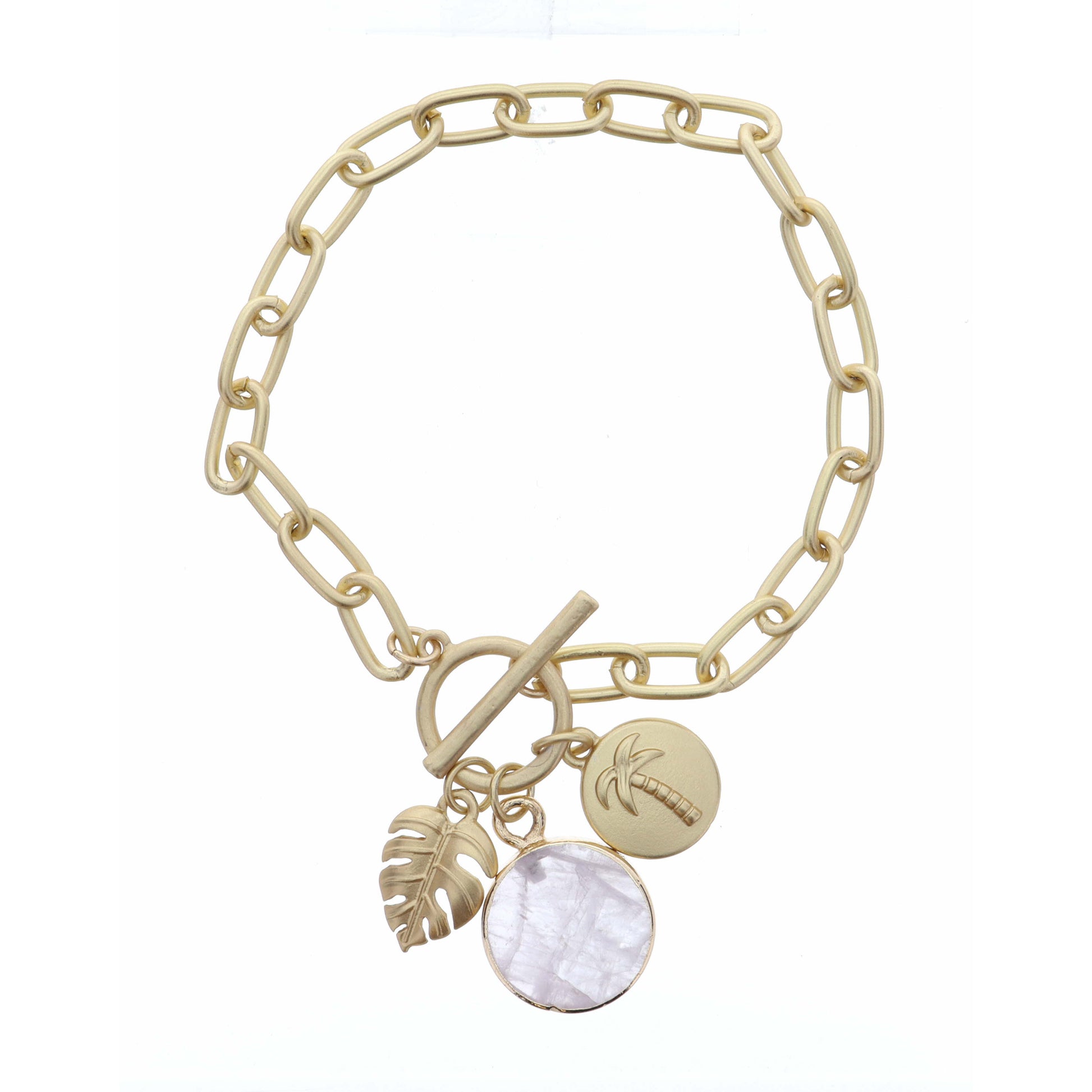 Gold Palm Leaf, Quartz Circle, and Stamped Palm Tree Disc Bracelet