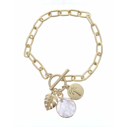 Gold Palm Leaf, Quartz Circle, and Stamped Palm Tree Disc Bracelet