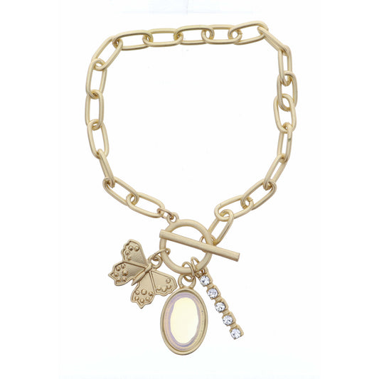 Gold Butterfly, Opal Oval, and Clear Crystal Bar Bracelet