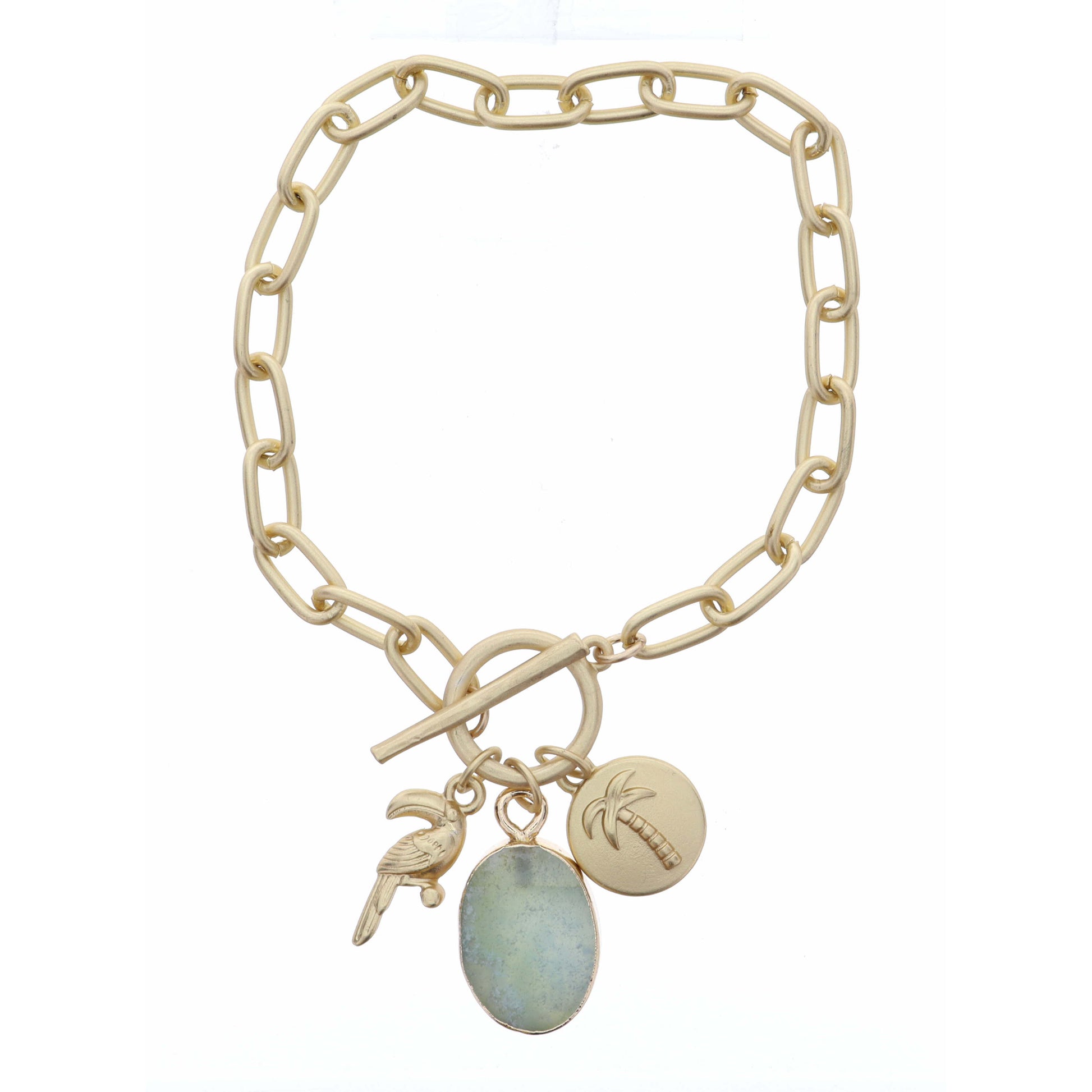 Gold 3D Tucan, Sage Oval, Stamped Palm Tree Disc Bracelet