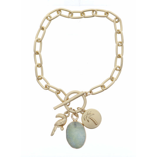 Gold 3D Tucan, Sage Oval, Stamped Palm Tree Disc Bracelet