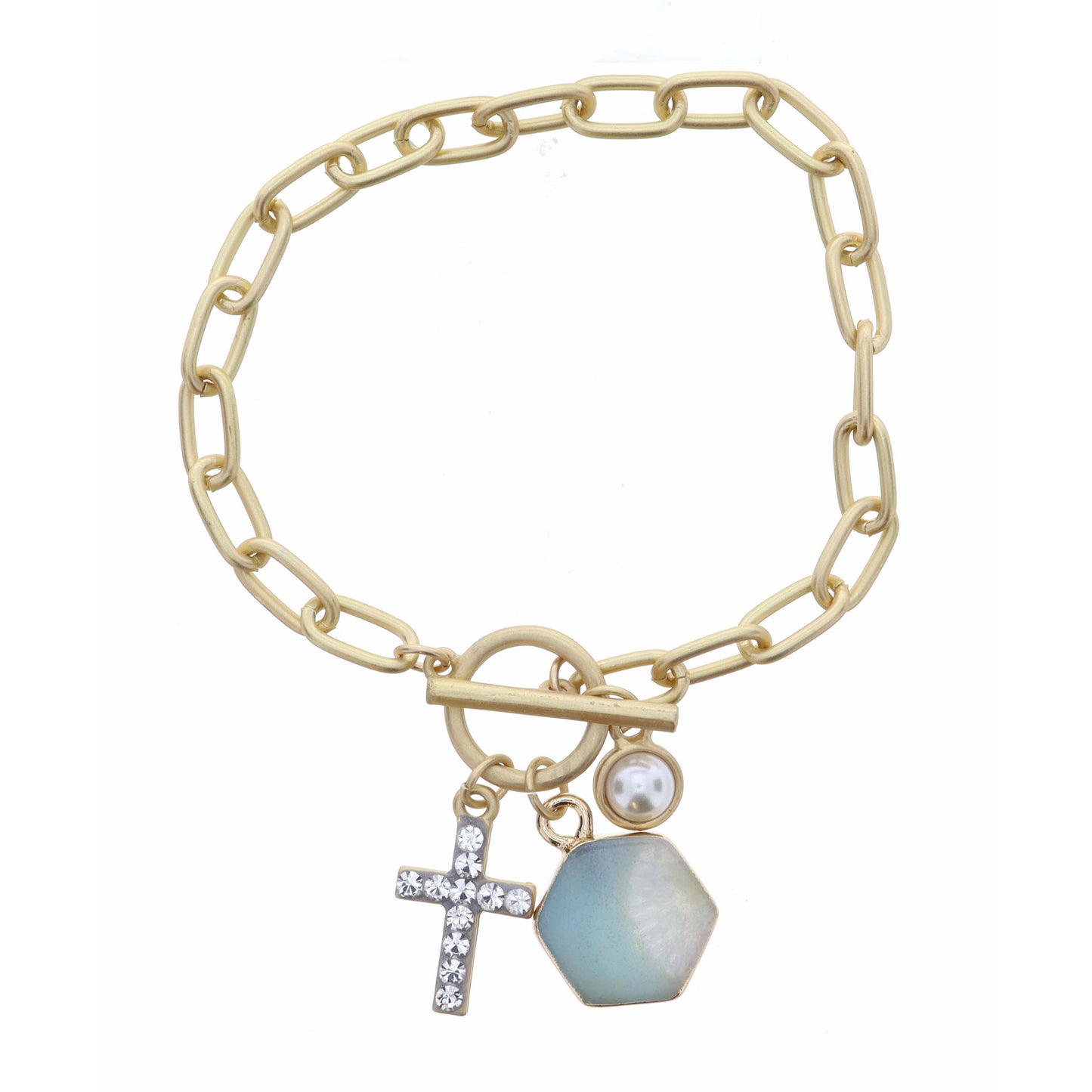Cabachon Pearl, Ocean Hexagon, and Clear Crystal Cross Bracelet
