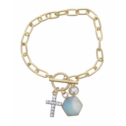 Cabachon Pearl, Ocean Hexagon, and Clear Crystal Cross Bracelet