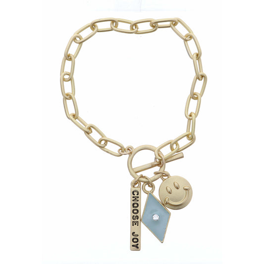 Choose Joy Bar, Mint Diamond, and Gold Smiley Face Bracelet