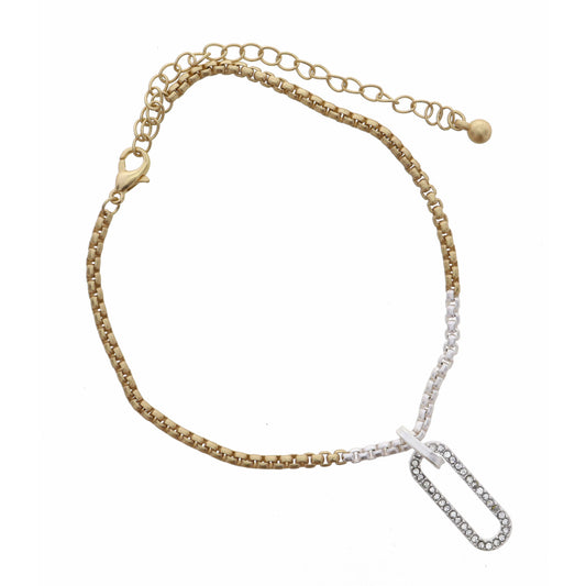 Colorblock Matte Gold & Silver Box Chain, Crystal Silver Clip Bracelet