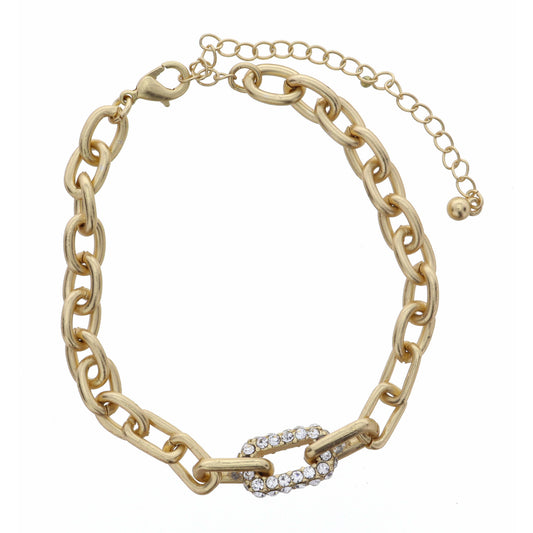 Matte Gold Cable Chain with Clear Crystal Oval Bracelet