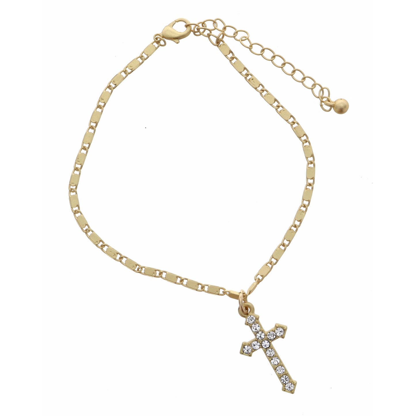 Matte Gold Flat Box Chain with Clear Crystal Cross Bracelet