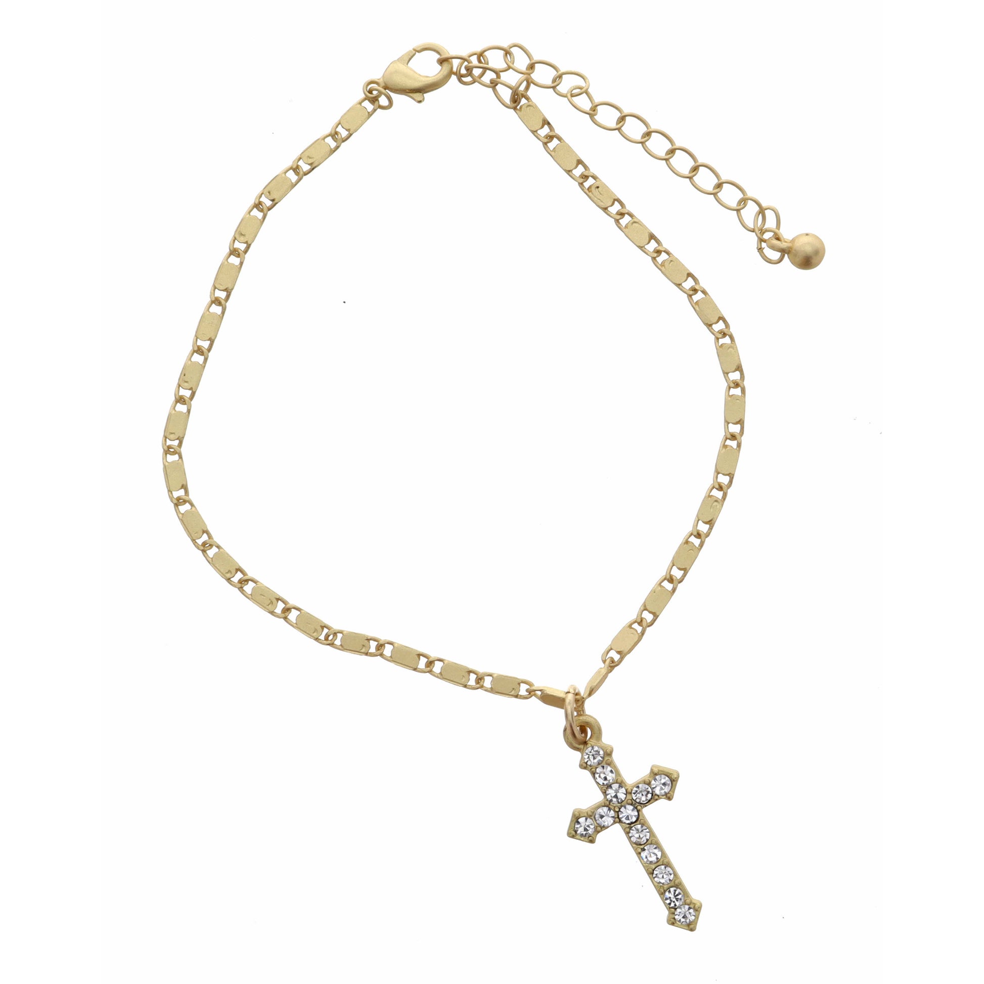 Matte Gold Flat Box Chain with Clear Crystal Cross Bracelet