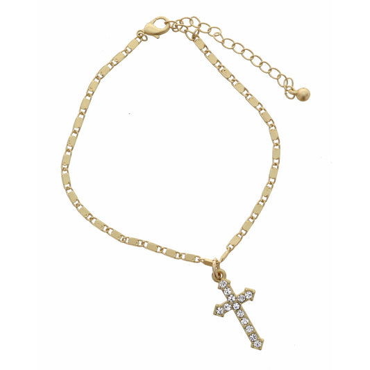 Matte Gold Flat Box Chain with Clear Crystal Cross Bracelet